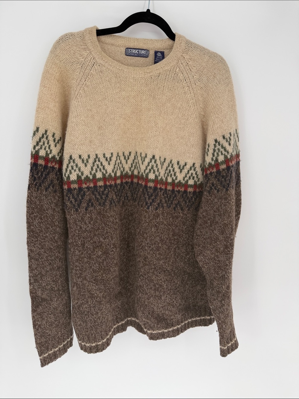 Men's Cream and Brown Structure Shetland wool Sweater - 90s style